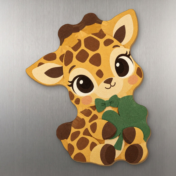 Tall Order o' Luck Giraffe wood magnet M358 on a stainless steel fridge, made in USA