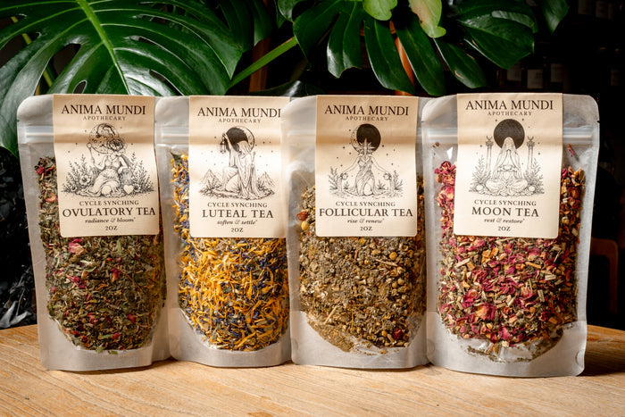 Four stand-up pouches of Anima Mundi menstrual tea blends arranged on a wooden surface with large green leaves in the background. The pouches are labeled Ovulatory Tea, Luteal Tea, Follicular Tea, and Moon Tea.