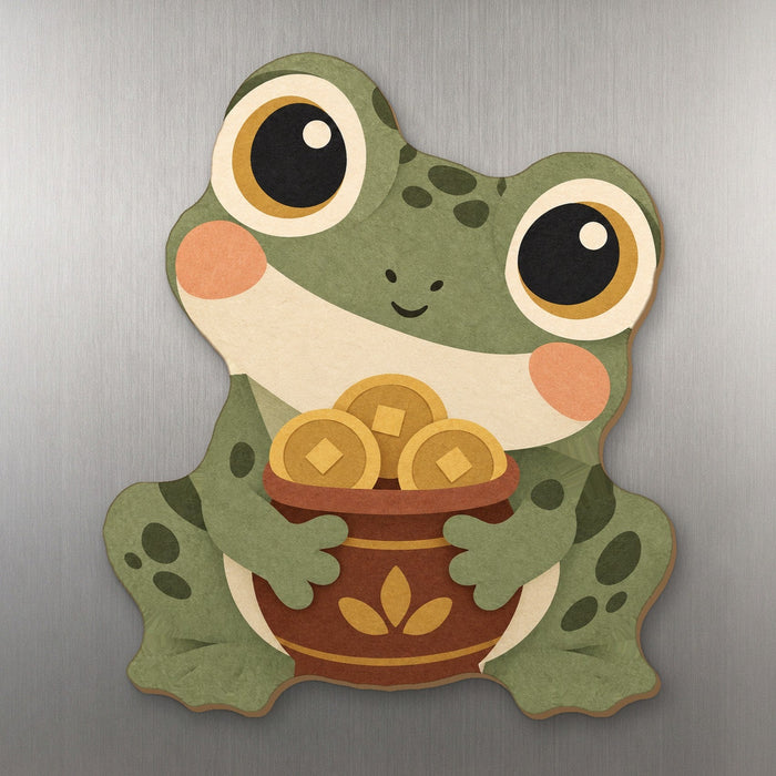 Toad-ally Lucky Frog wood magnet M357 on a stainless steel fridge, made in USA