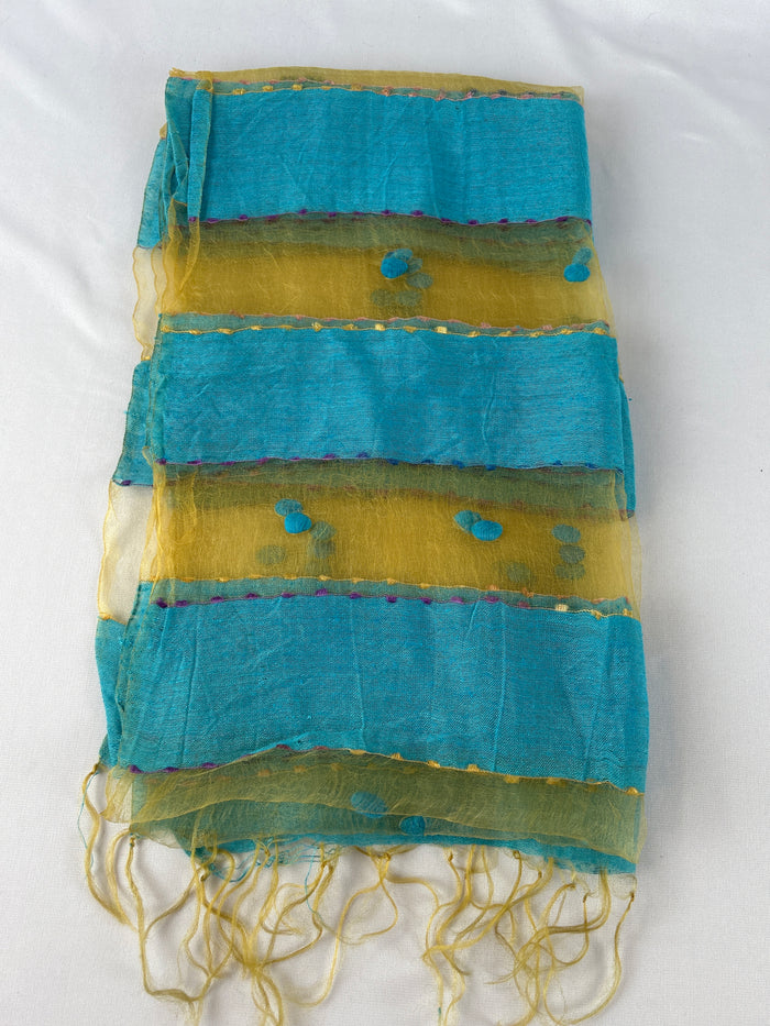 Turquoise Silk Shantung Boho Maxi Scarf With Fringe