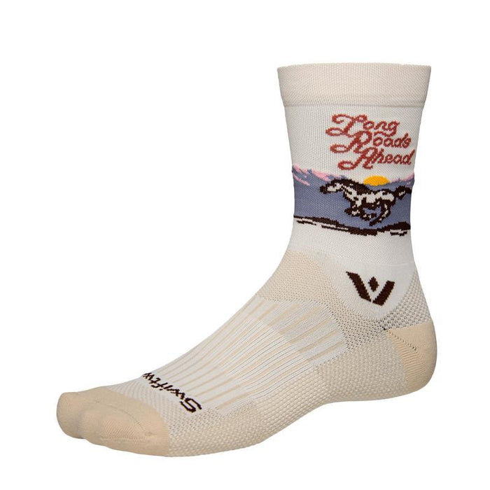Beige sock with horse design and Long Roads Ahead text on a white background