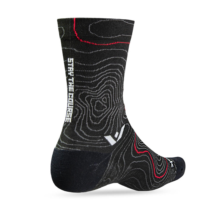 Black crew sock with red and gray topographic pattern and Stay The Course text on the back
