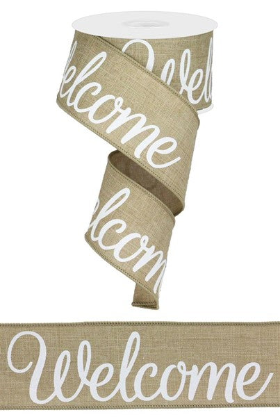 Welcome Canvas Wired Edge Ribbon, 2.5" x 10 Yards-White lettering on Beige