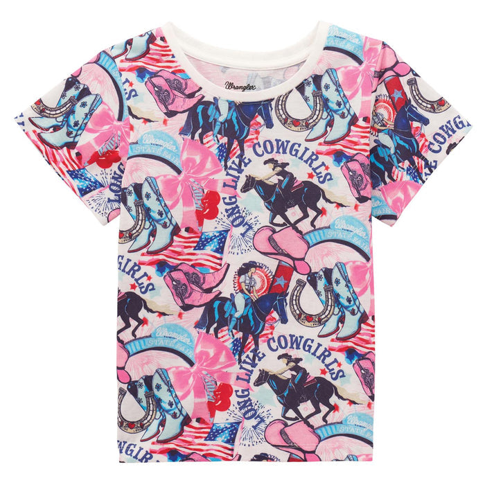 Wrangler Girl's S/S Western Rodeo Graphic Tee in White/Pink Multi