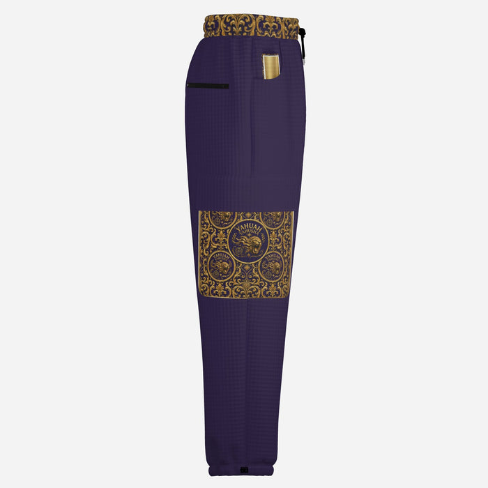 Right-side product view of Yahuah Yahusha purple lantern cargo joggers featuring gold-patterned side cargo pocket artwork.
