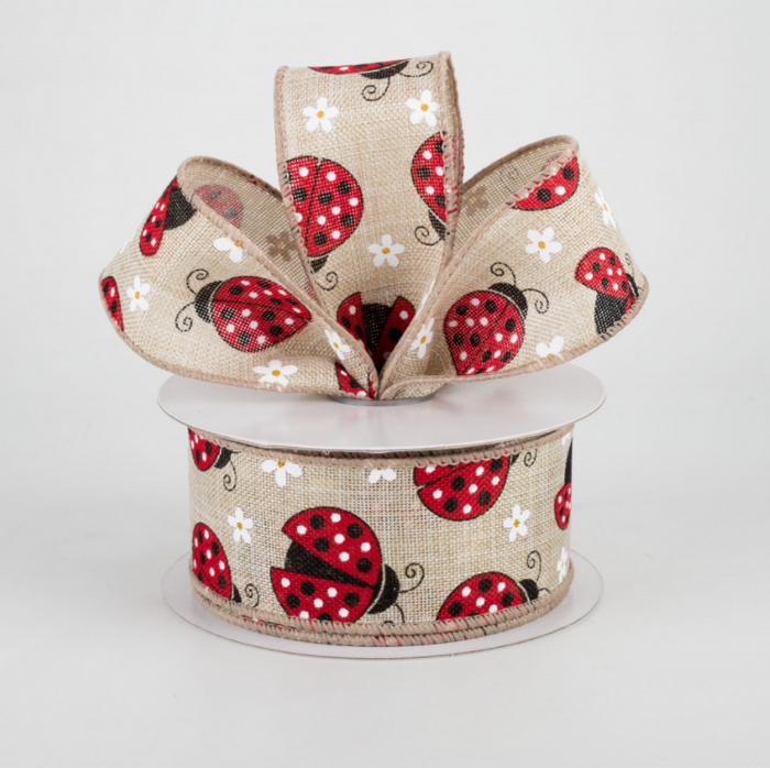 1.5" x 10yd Ladybugs and Daisies on Natural Wired Edge Ribbon