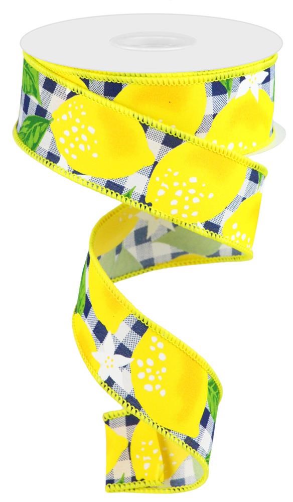 1.5"X10yd Lemon on Nay Blue and White Check-Wired Edge Ribbon