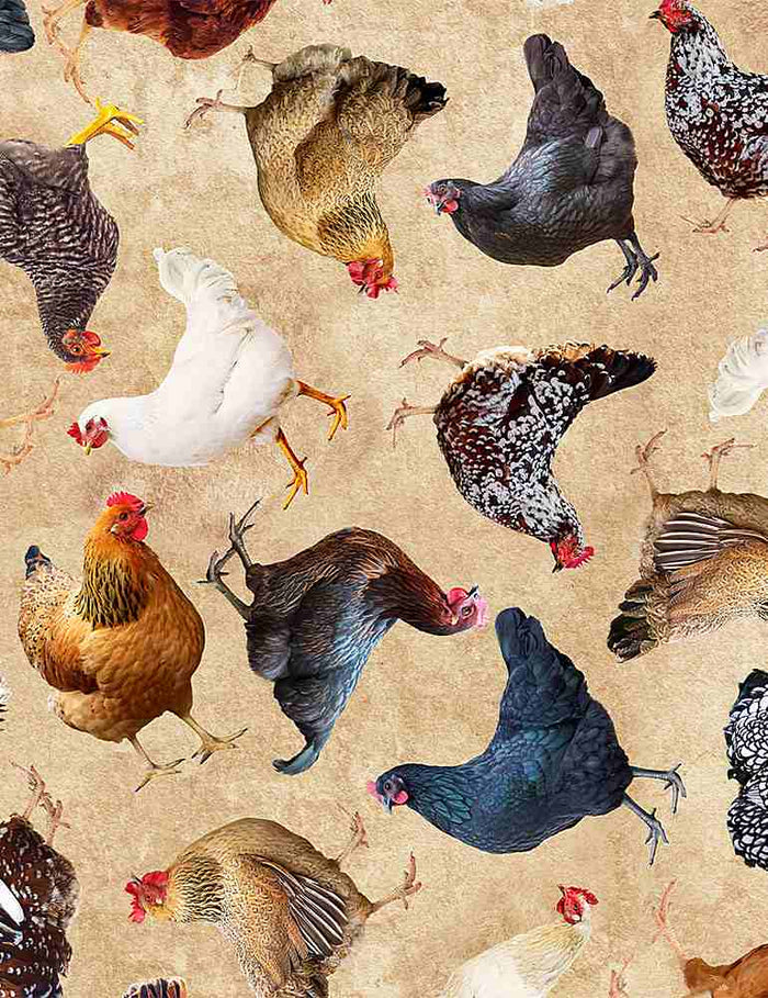 18" x 44" Tossed Hens Fabric by Timeless Treasures, Chickens on Natural, EOB