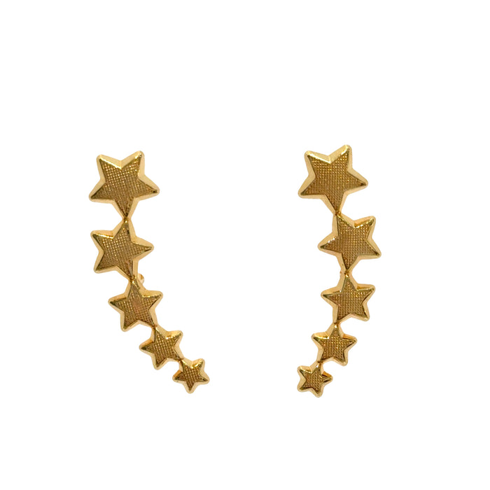 Close-up 18K gold-filled star ear climber studs showing delicate star details, on a white background, front overview.