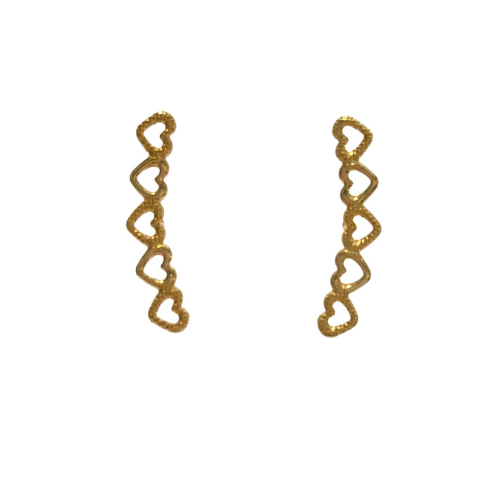 18K gold-filled heart ear climber studs ascending earlobe hypoallergenic 1.10 inch on a white background, front view.
