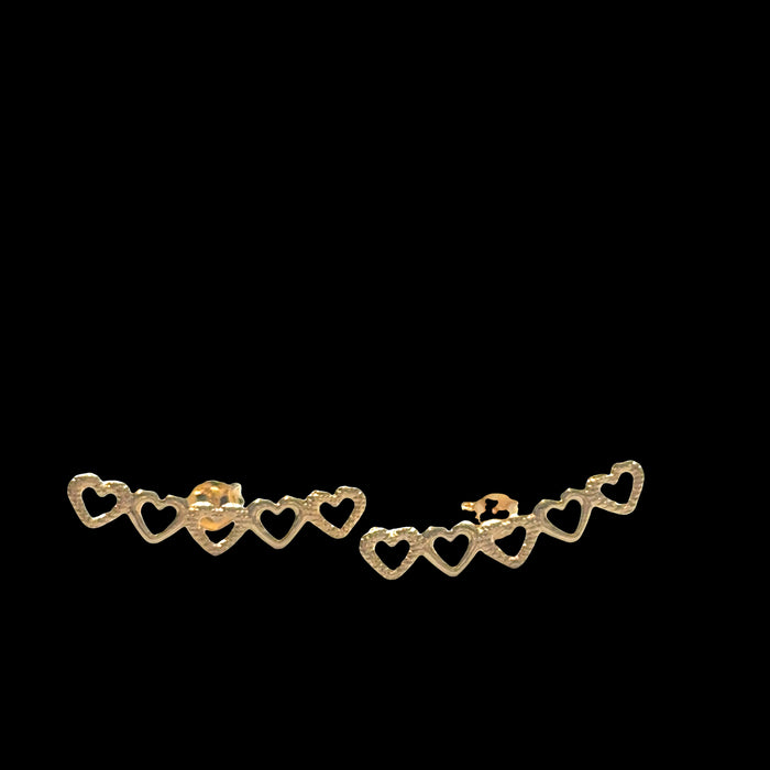 18K gold-filled heart ear climber studs ascending earlobe hypoallergenic 1.10 inch on a black background, front view.