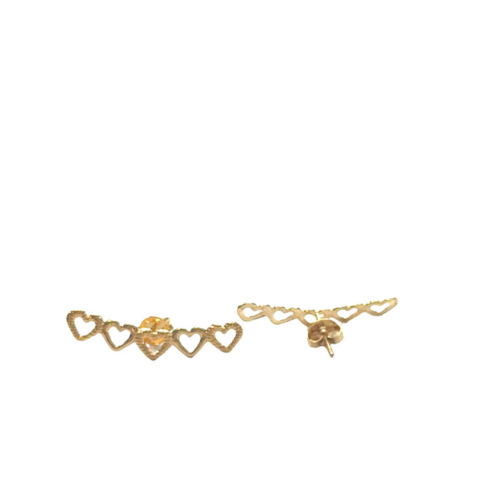 18K gold-filled heart ear climber studs ascending earlobe hypoallergenic 1.10 inch on a white background, one front and one back  view.