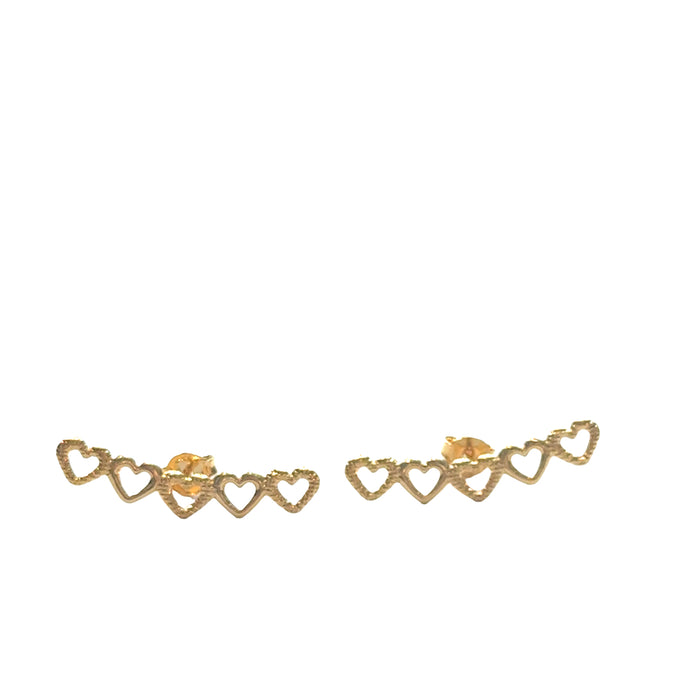 18K gold-filled heart ear climber studs ascending earlobe hypoallergenic 1.10 inch on a white background, one front close up  view.