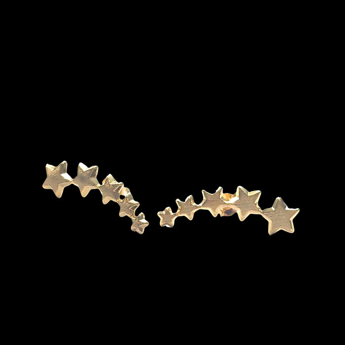 18K gold-filled star ear climber studs celestial design hypoallergenic 1.10 inch, on a black background, close up front view.