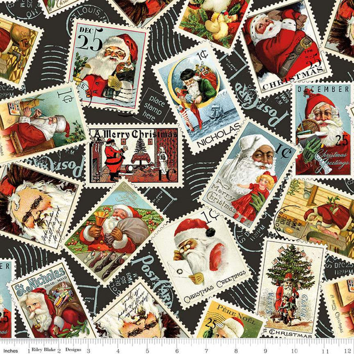 22" x 44" Nicholas Santa Stamps, Black Christmas Fabric, by Riley Blake, J. Wecker Frisch
