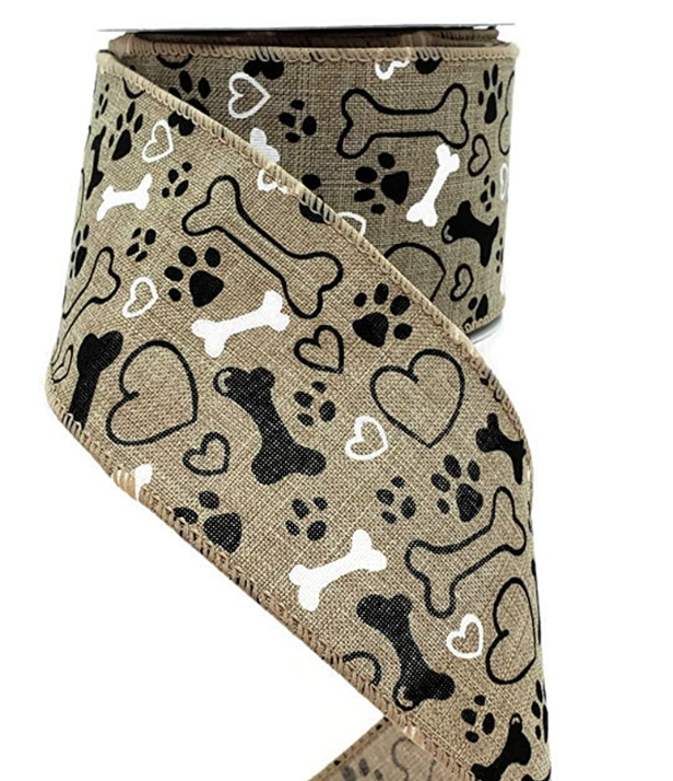 2.5" Bone Paw Print Ribbon: Natural (10 Yards) Dog Lover Wired Ribbon-Black Print
