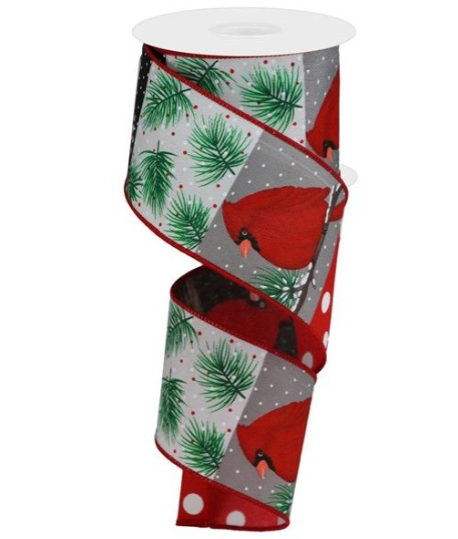 2.5" Cardinal Polka Dot Ribbon: White (10 Yards) Red Cardinal Bird Ribbon RGB1329-Wired Edge