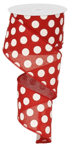 2.5"X10 YD White Multi dots on Red Wired Edge ribbon
