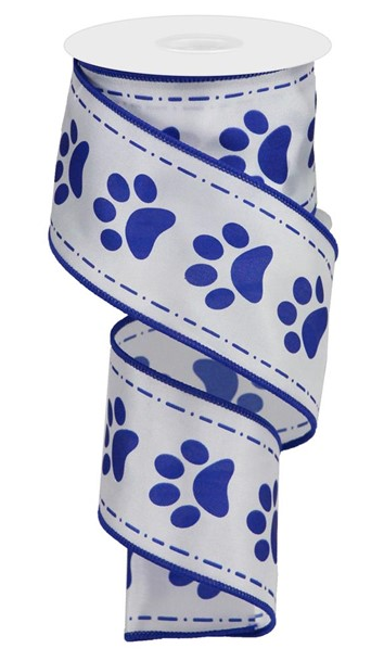 2.5"X10yd Blue Paw Prints On White Satin Wired Edge Ribbon