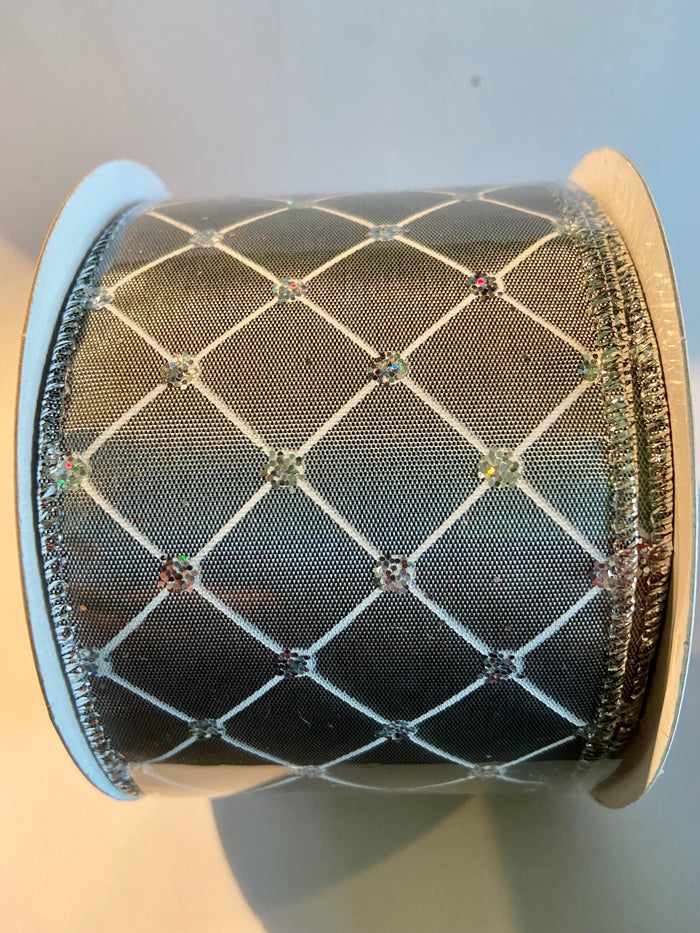 2.5"x10yd Diamond Pattern with Glitter Accents Grey Wired Edge Ribbon