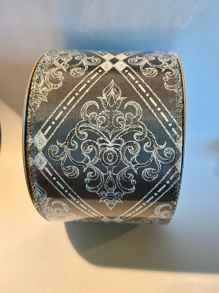 2.5"x10yd Ornate Silver and White Glittered Wired Edge Ribbon