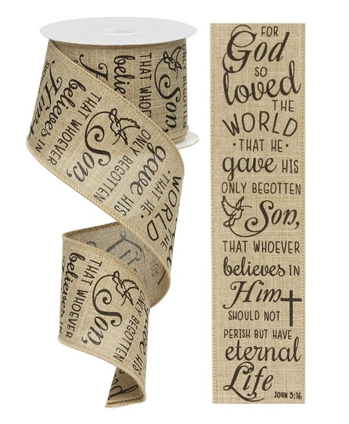 2.5"X10yd Royal Burlap John 3:16 Wired Edge Ribbon-Beige and Black