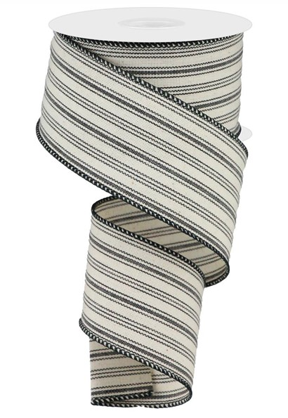 2.5"X10yd Ticking/Stripe Black Beige Ribbon-Wired Edge
