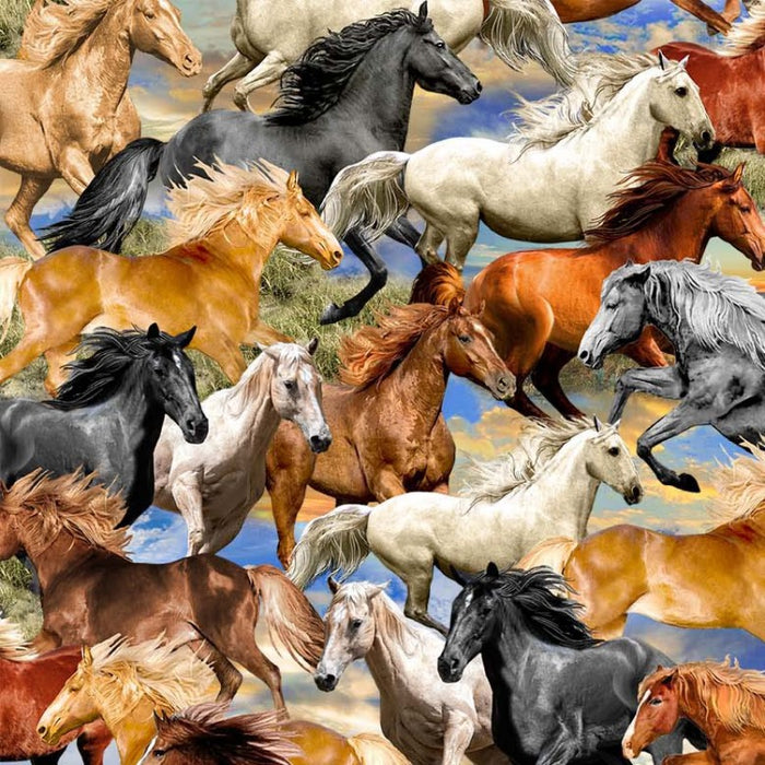 30" x 44" Big Sky Country Fabric by Michael Miller, Freedom Blue, Western, Horses