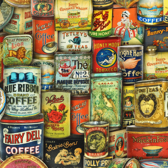 33" x 44" Library of Rarities Antique Tins Fabric by Robert Kaufman, Coffee & Tea Cans
