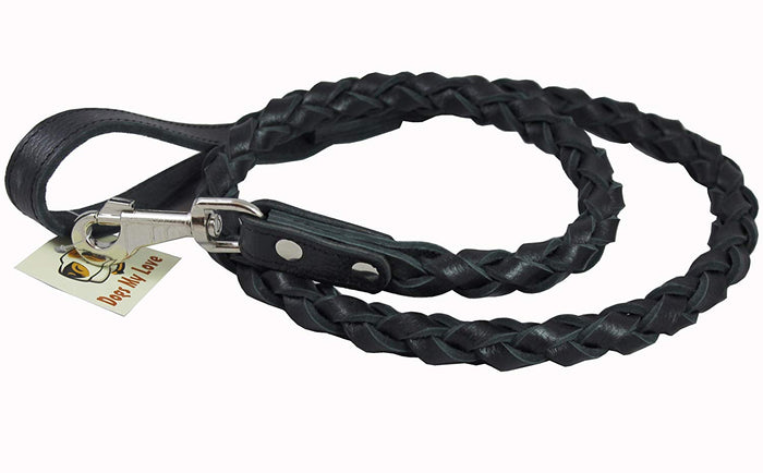 4-thong Round Fully Braided Genuine Leather Dog Leash, 4 Ft x 3/4" (20mm) Black, XLarge Breeds