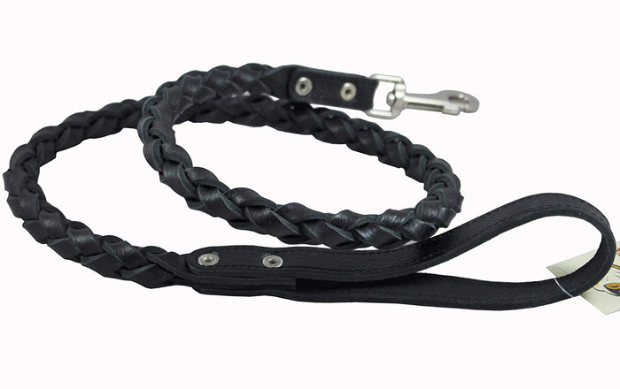 4-thong Round Fully Braided Genuine Leather Dog Leash, 4 Ft x 3/4" (20mm) Black, XLarge Breeds