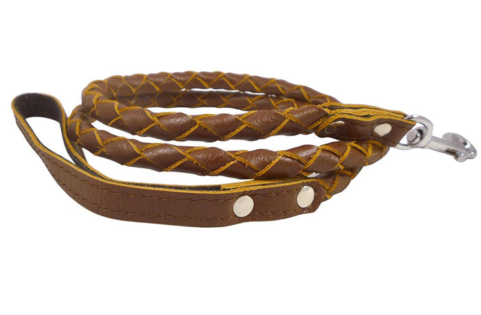 4-thong Round Fully Braided Genuine Leather Dog Leash, 4 Ft x 5/8" (15mm) Brown, Medium Breeds