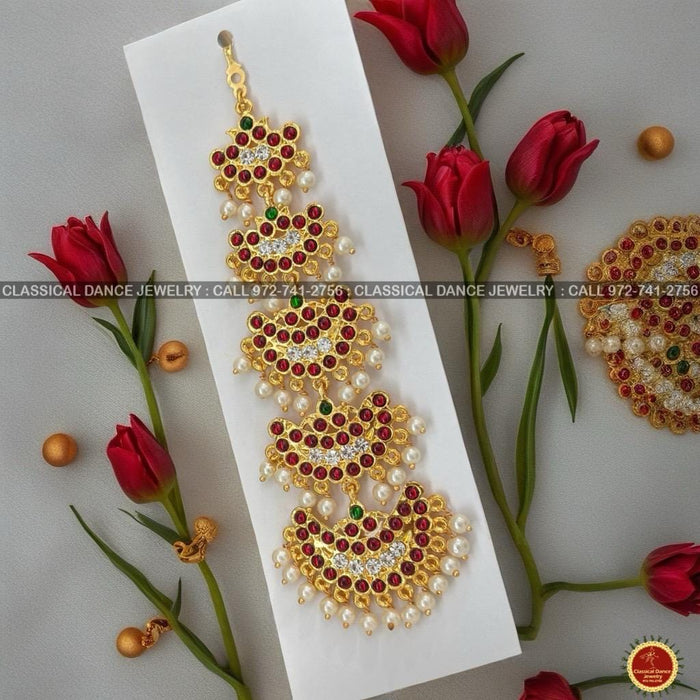 Classical Dance Jewelry 5 Step Tikka Kemp Temple White Stone Indian Jewelry | Bharatnatyam, Kuchipudi, Engagement, Weddings, Birthdays | Classical Dance Jewelry