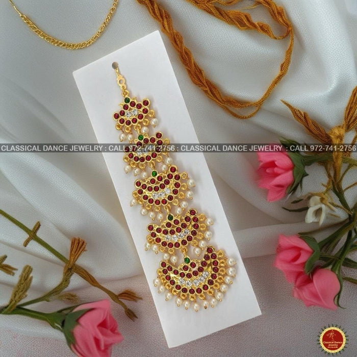 Classical Dance Jewelry 5 Step Tikka Kemp Temple White Stone Indian Jewelry | Bharatnatyam, Kuchipudi, Engagement, Weddings, Birthdays | Classical Dance Jewelry
