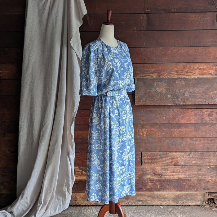 90s Vintage Light Blue Floral Boxy Midi Dress