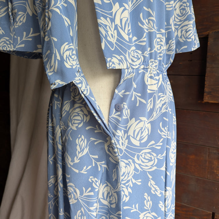 90s Vintage Light Blue Floral Boxy Midi Dress