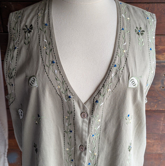 90s Vintage Plus Size Khaki Embroidered Twill Vest