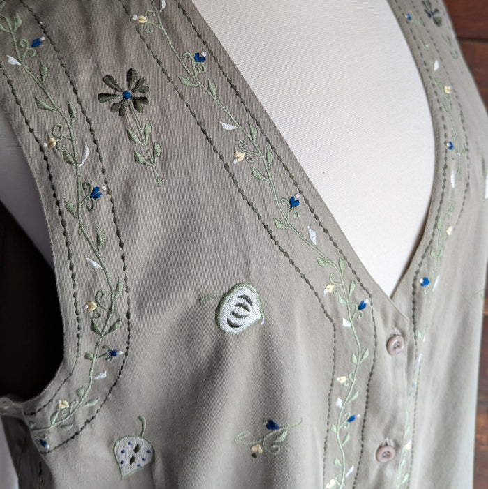 90s Vintage Plus Size Khaki Embroidered Twill Vest
