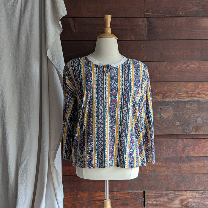 90s Vintage Plus Size Yellow Stripe Pattern Henley Shirt