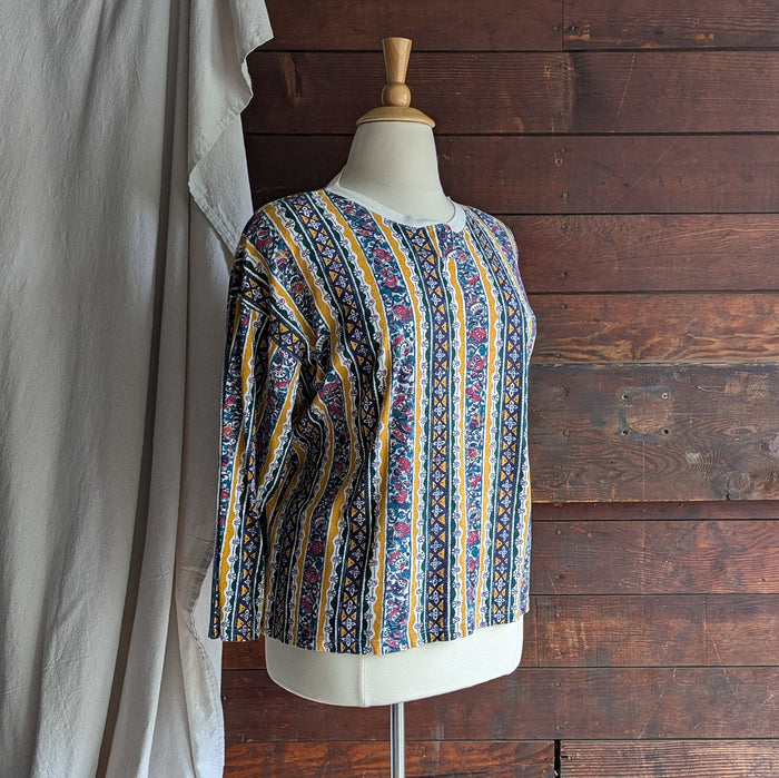 90s Vintage Plus Size Yellow Stripe Pattern Henley Shirt