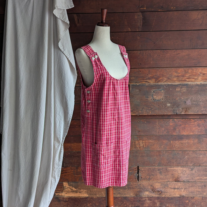 90s Vintage Red Plaid Gingham Overall Pinafore Dress