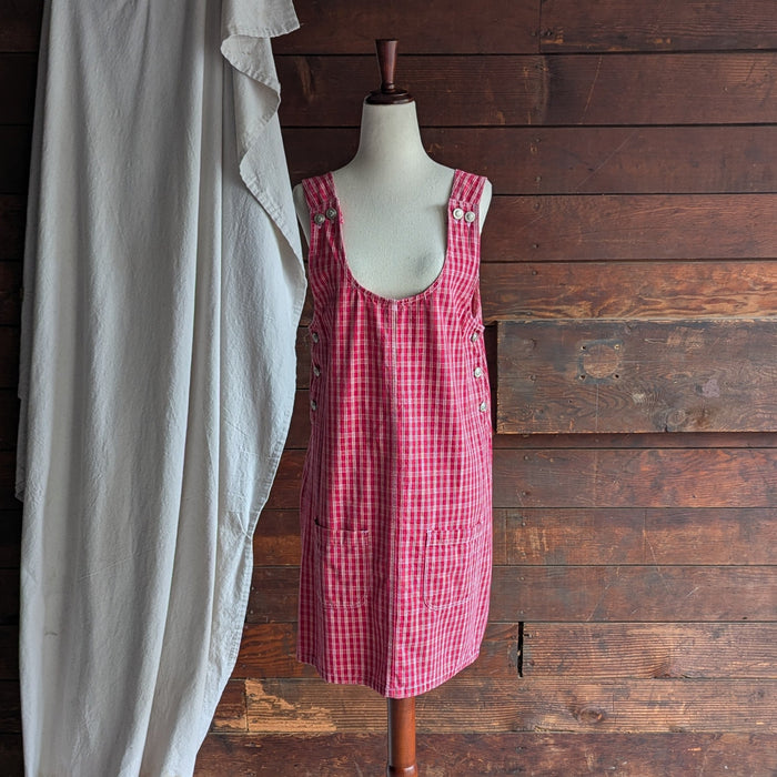 90s Vintage Red Plaid Gingham Overall Pinafore Dress