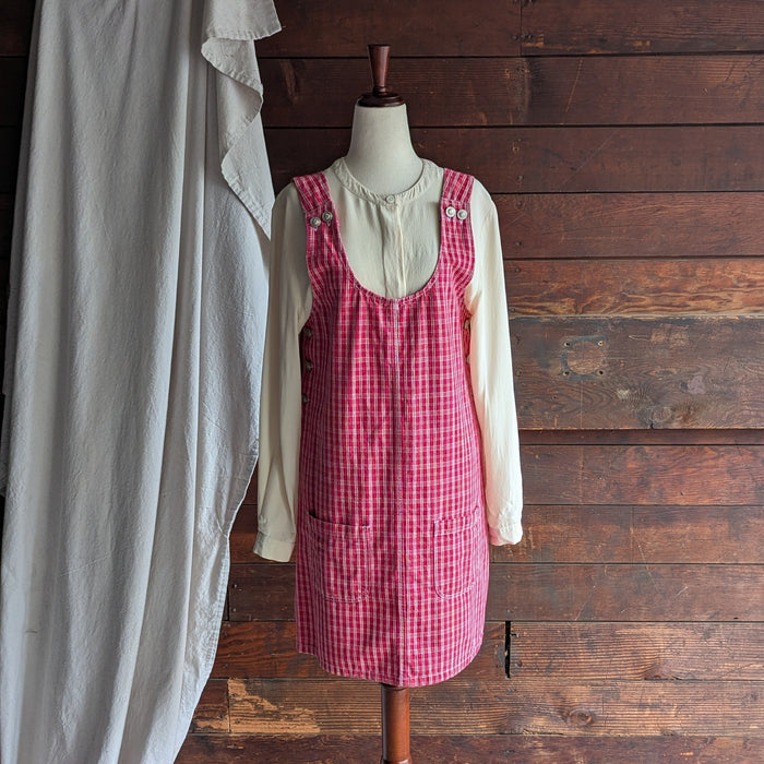 90s Vintage Red Plaid Gingham Overall Pinafore Dress