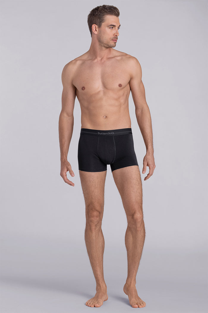 Model wearing the Airy Black Charcoal boxer briefs comfortable underwear.