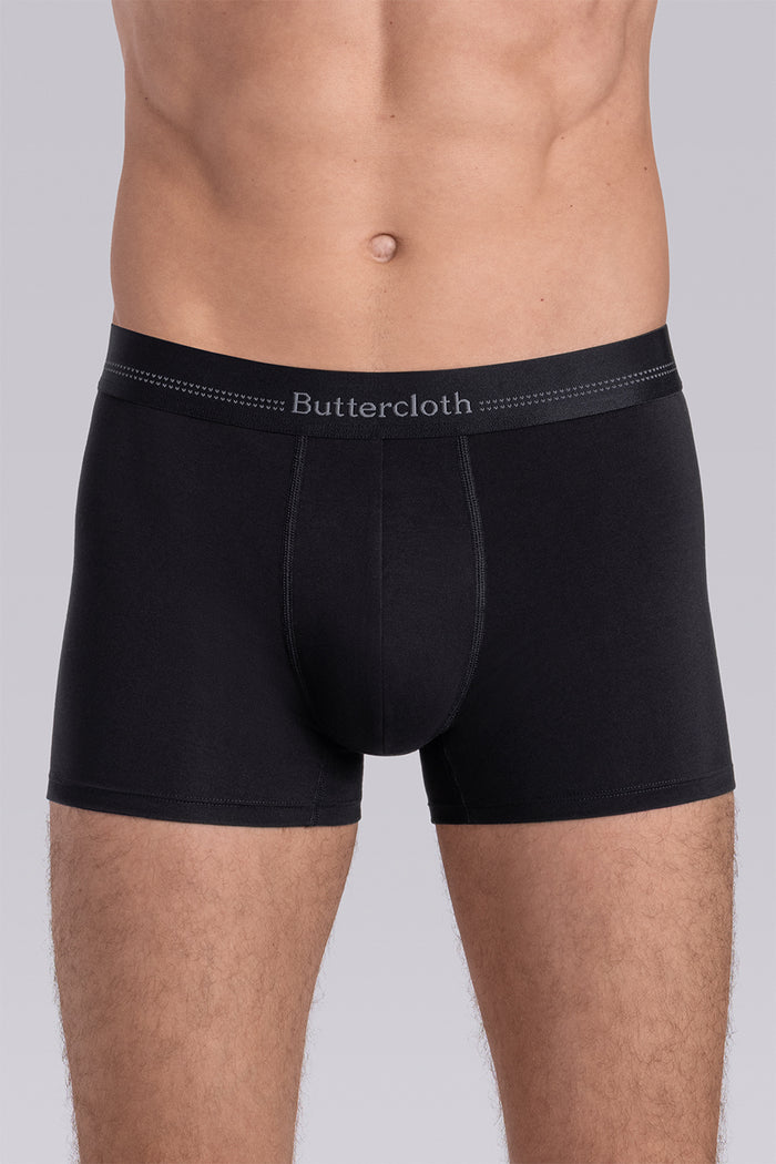 Model wearing the Airy Black Charcoal boxer briefs comfortable underwear.