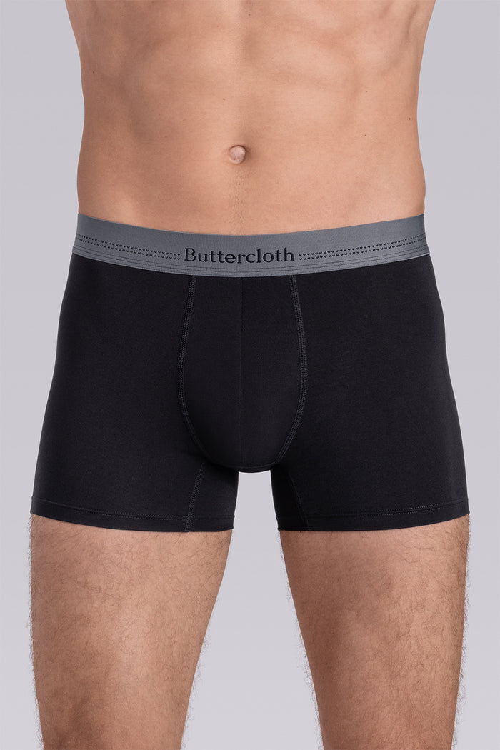 Model wearing the Airy Charcoal Black boxer briefs comfortable underwear.