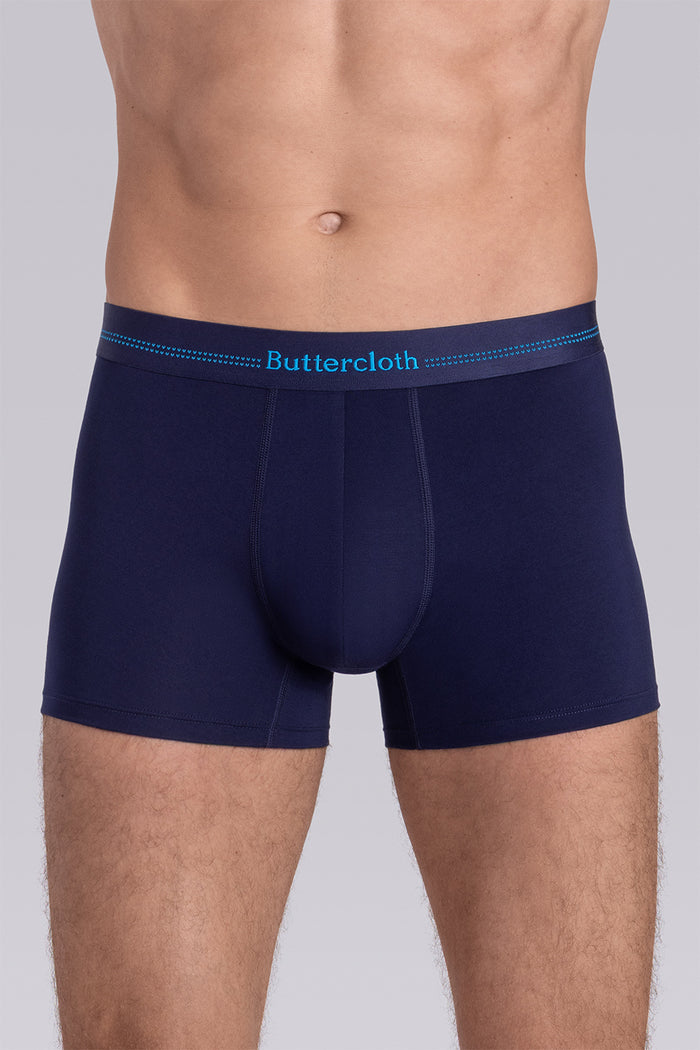 Model wearing the Airy Navy Cyan boxer briefs comfortable underwear.