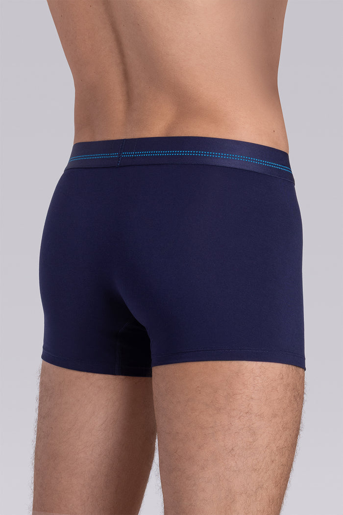 Model wearing the Airy Navy Cyan boxer briefs comfortable underwear.