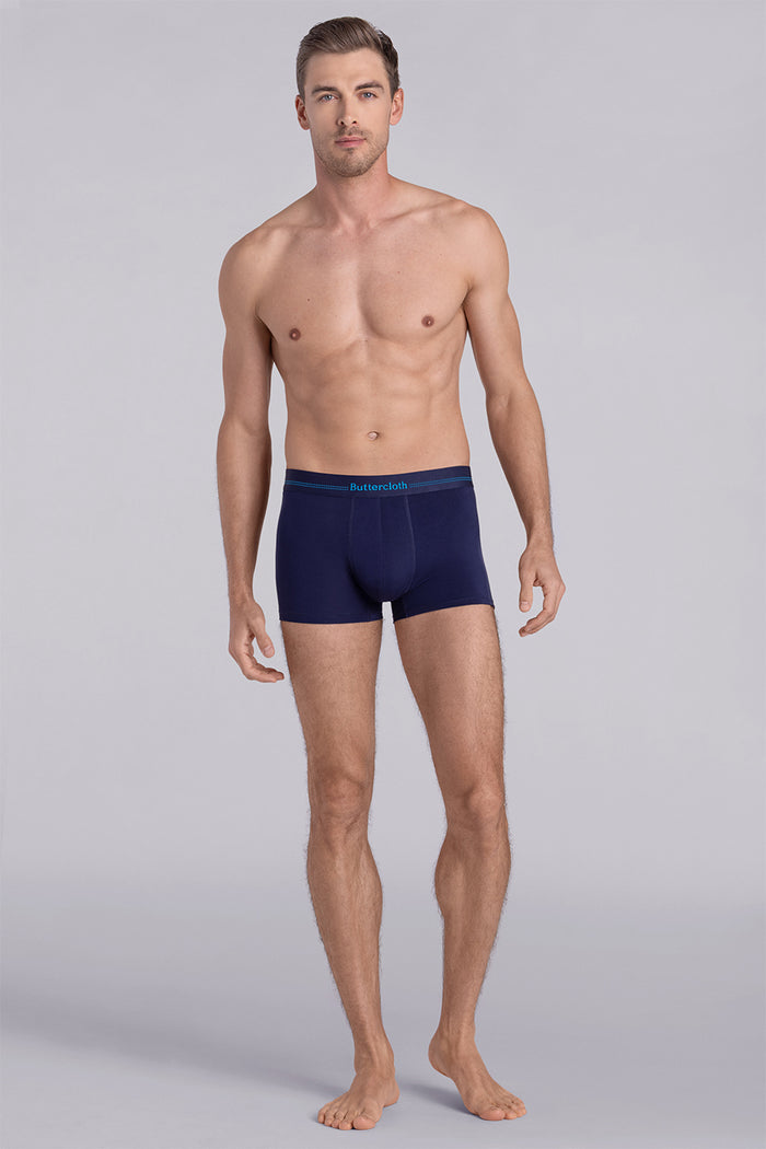 Model wearing the Airy Navy Cyan boxer briefs comfortable underwear.