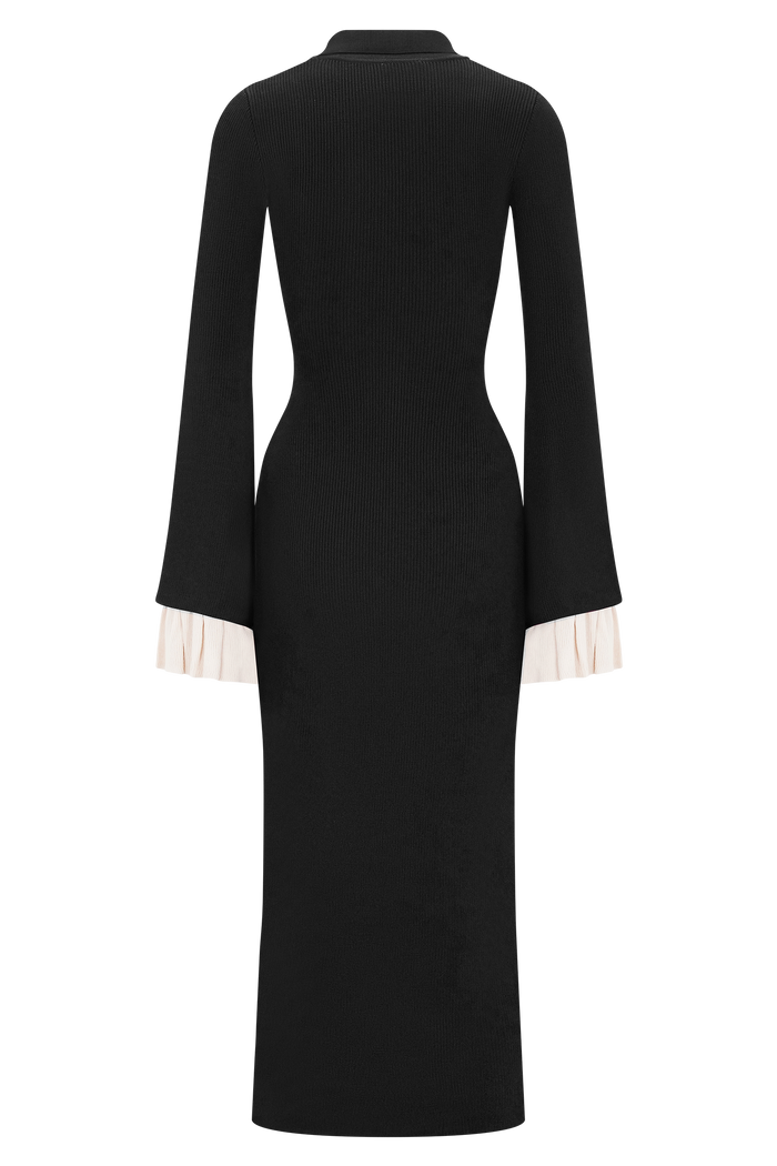 Amirose Ruffle Knit Midi Dress - Black